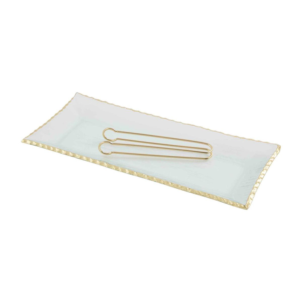 Clear Rectangle Tray with Gold Tongs