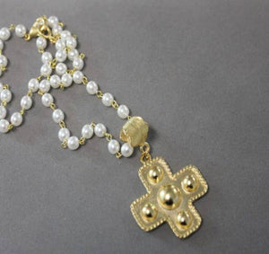 Pearl Rosary Chain with Large Gold Cross
