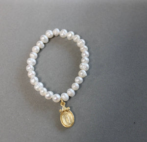 Pearl Stretch Bracelet with Mary Medal