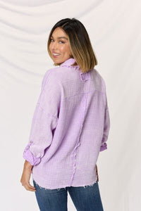 Zenana Washed Texture Button Up Raw Hem Long Sleeve Shirt