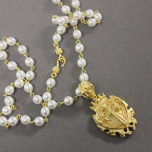 Fleur de Lis Bail with Cross Pendant on Pearl Rosary Chain