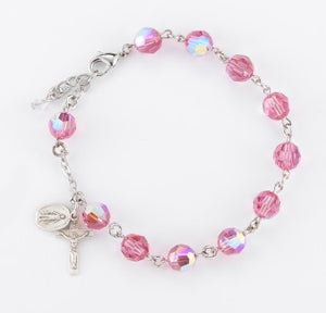 Sterling Silver Rosary Bracelet Created Pink Swarovski Crystal Round Beads