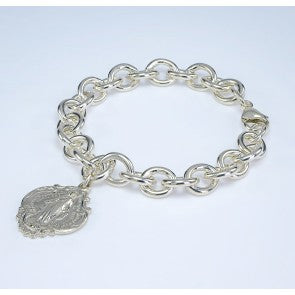 Extra Heavy Solid Sterling Silver Link Style Bracelet with Hail Mary Miraculous Charm
