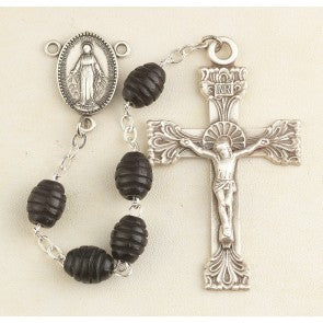 Rosary Black Oval Carved Beehive Boxwood 7mm x 9mm