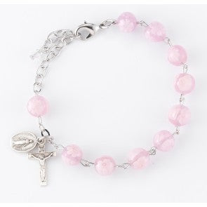 Pink Flower Venetian Glass Sterling Silver Rosary Bracelet 8mm