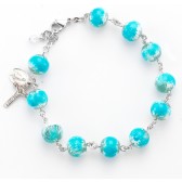 Round Blue and White Painted Glass Bead Rosary Bracelet