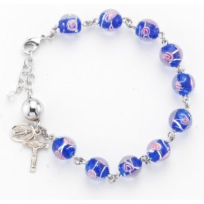 Venetian Style Round Blue with Pink Flowers Glass Bead Rosary Bracelet