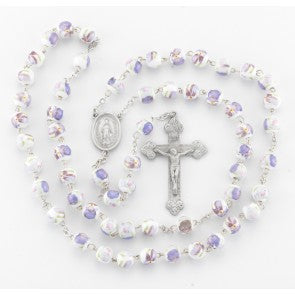 White and Lavender Glass Flower Bead New England Pewter Rosary