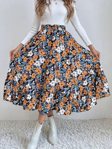 Printed Ruffle Hem Midi Skirt
