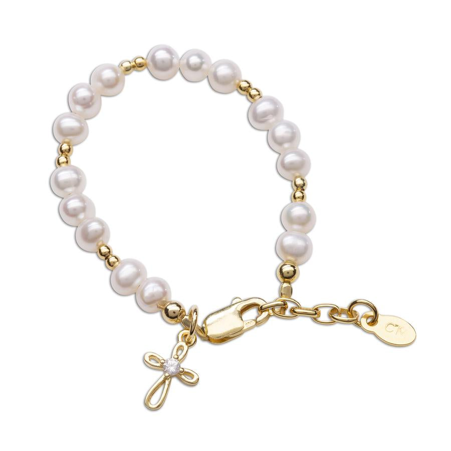 Mae - 14K Gold-Plated Pearl Bracelet with Cross 0-12 Months